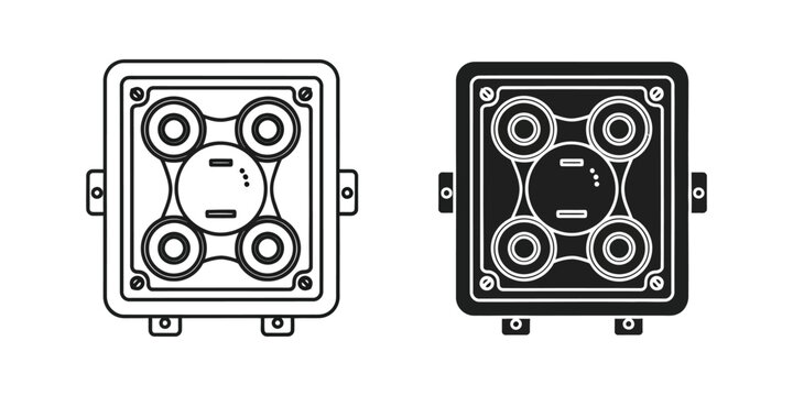 Industrial square junction box set featuring four circular ports in outline and solid black styles electrical