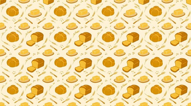 Seamless pattern of fresh bread loaves butter and wheat stalks
