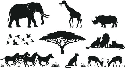 Set of black silhouettes representing African safari wildlife wild animals and savanna acacia tree vector © MdAshik