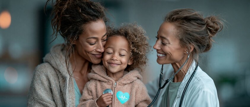 Pediatrician examines smiling toddler held by parent in bright clinic during friendly consultation with stethoscope visible, conveying trust, reassurance, family care, and child health