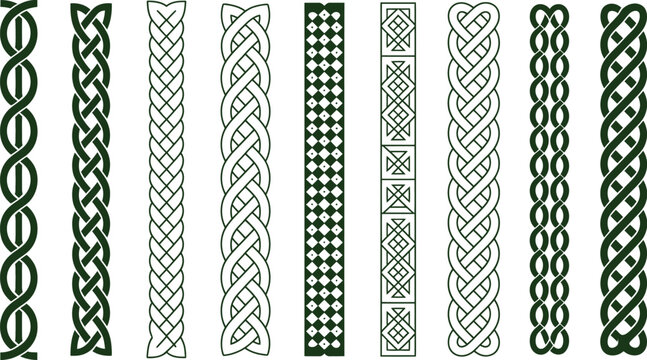 Set of medieval green vector borders featuring ethnic Viking knotwork geometric dividers decorative corner elements and cultural pagan ribbon ornaments.