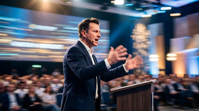 Professional male speaker giving a keynote presentation on stage at a conference