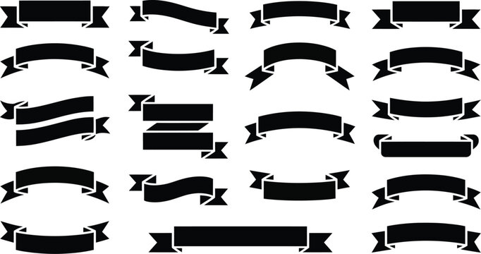 Ribbon banner silhouette vector set with empty curved scrolls and vintage flag labels isolated on a plain white background.