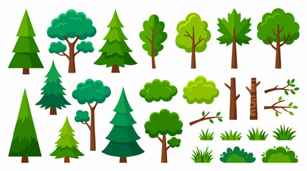 Fototapeta premium Forest Elements Collection: A vibrant assortment of stylized trees, lush bushes, branches, and grass tufts, ideal for graphic design and nature-themed illustrations.