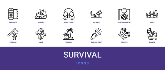 Fototapeta premium Set of 12 outline web Survival icons such as boots, gloves, flashlight, island, ham, fishing, hills vector icons for report, presentation, diagram, web design, mobile app