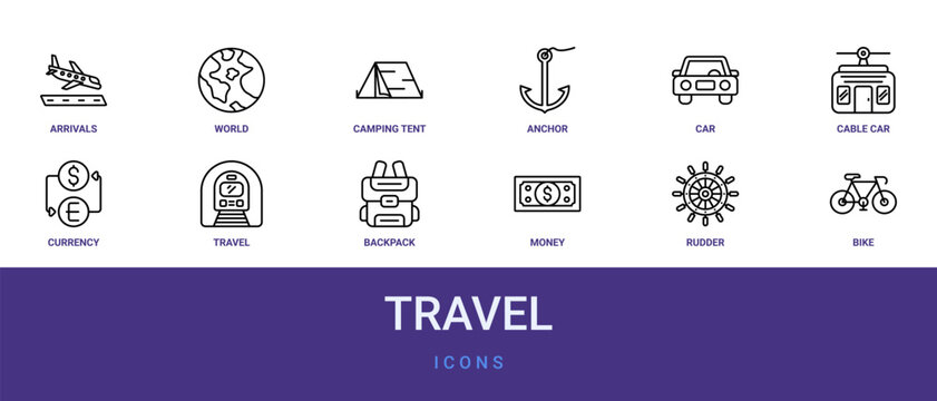Set of 12 outline web Travel icons such as bike, rudder, money, backpack, from travel collection. Thin such as industry, industrial. for use on web and mobile apps, logo, print media., currency