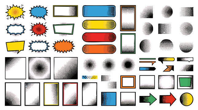 Dynamic Retro Design Elements: A vibrant collection of hand-drawn comic speech bubbles, banners, geometric shapes, and arrow pointers, rendered in a classic textured halftoning screen style.