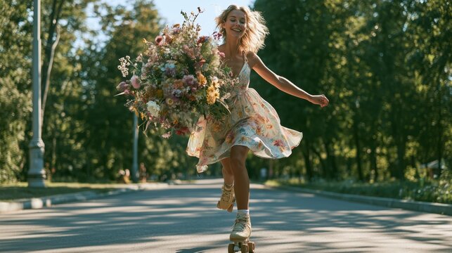 Happy young woman roller skating through a sunny park while holding a large bouquet of colorful wildflowers. Wearing a flowing summer dress and smiling, she captures freedom, joy, beauty.
