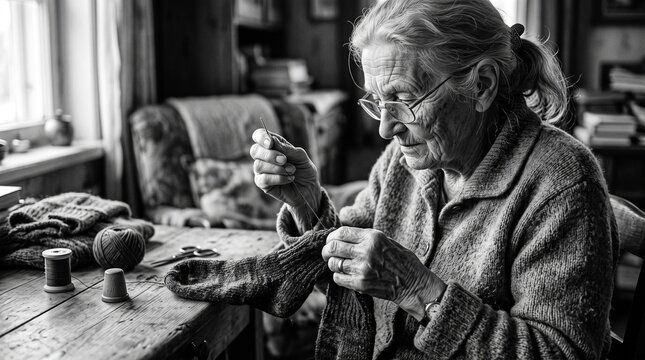 Elderly woman sewing with thread and thimble in a rustic home.