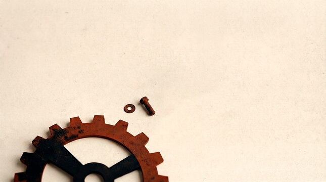Rusty metal gear and small bolt on a blank textured background
