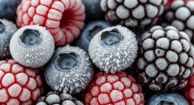 Frozen Berries: Blueberries, Raspberries, Blackberries Close-up Ice Crystals