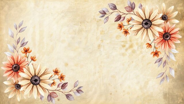 Watercolor floral corners on vintage paper. Floral frame for invitation card.