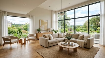 Fototapeta premium A modern living room with large windows showcasing a serene outdoor view.