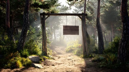 Fototapeta premium Wooden forest entrance gate on nature trail