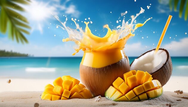 Tropical Mango And Coconut Smoothie Splash On A Sunny Beach Background