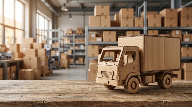 Cardboard delivery truck model in a warehouse filled with shipping boxes. Logistics, parcel delivery, postal service, supply chain, e commerce fulfillment and freight transportation