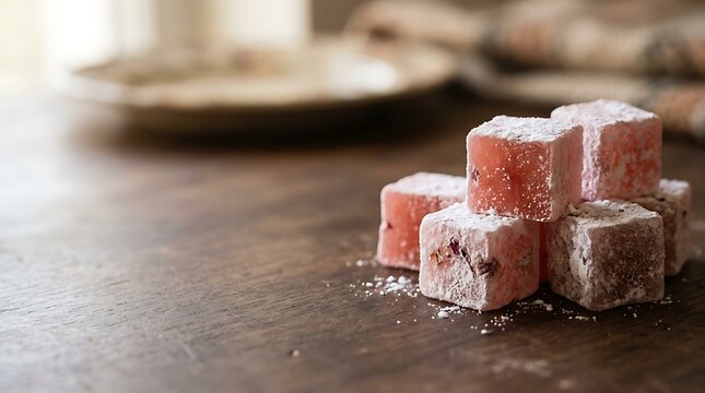 Pink turkish delight cubes with powdered sugar on a wooden table