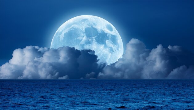 This Large Full Blue Moon Rises Brightly Over The Cloud Bank In This Calm Ocean