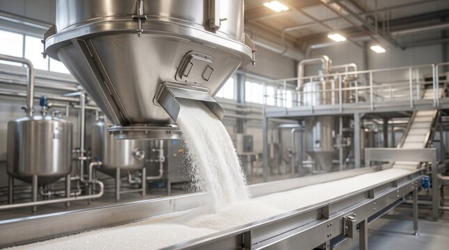 Granulated sugar flowing through modern food processing equipment at a sugar factory. Industrial production, food manufacturing, automated processing and refining concept