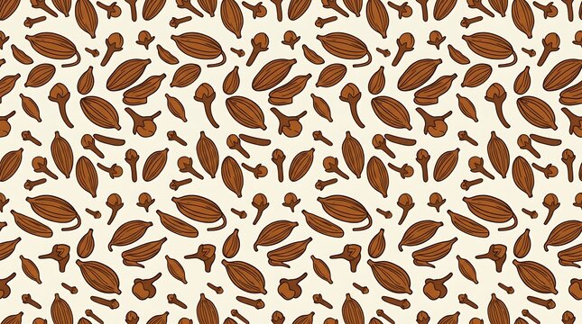 Hand drawn aromatic cardamom and cloves seamless pattern on cream