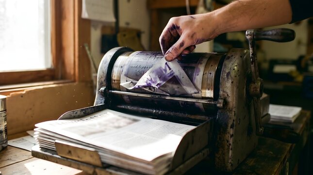 Ink-stained hand peeling a purple stencil from a vintage manual mimeograph duplicator machine printing newsletters.