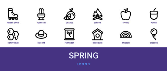 Set of 12 outline web Spring icons such as balloon, rainbow, birdhouse, fertilizer, sun hat, honeycomb, acorn vector icons for report, presentation, diagram, web design, mobile app © Izzat