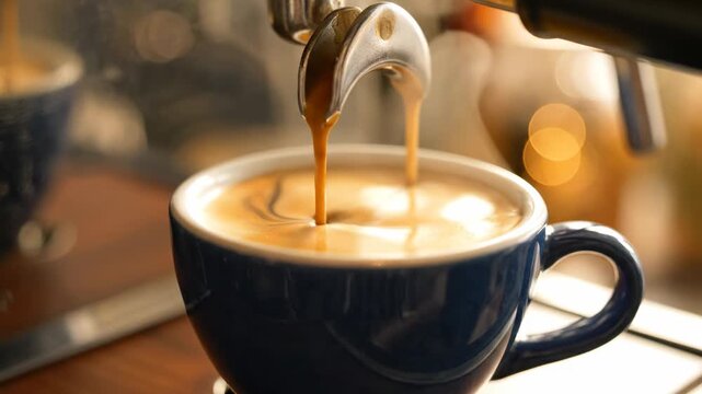 A professional automatic machine dispenses a fresh stream of aromatic hot beverage directly into a dark blue ceramic cup to create the perfect morning drink for every exhausted person