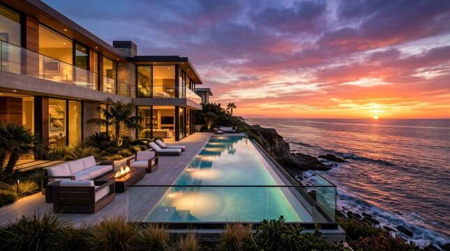 A luxurious outdoor setting at sunset, showcasing an infinity pool overlooking the ocean