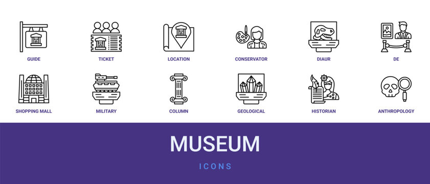 Set of 12 outline web Museum icons such as anthropology, historian, geological, column, military, shopping mall, de vector icons for report, presentation, diagram, web design, mobile app
