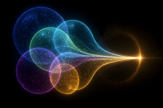 Overlapping colorful probability spheres converging into single point, Bayesian classification concept