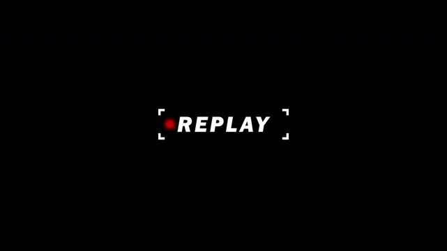 Replay sign icon with rectangle frame animation in and out and text animation character by character, recording display replay, camera viewfinder display on transparent background, 4k video