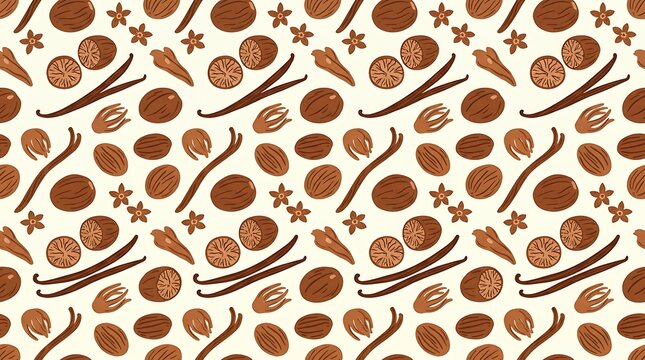 Seamless pattern with nutmeg vanilla beans and star anise spices