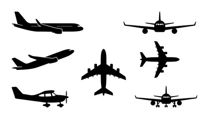Diverse Airplane Silhouettes Collection, Commercial Jet and Propeller Aircraft Icons, Aviation Vector Graphics for Travel and Transport Themes © Kamrul
