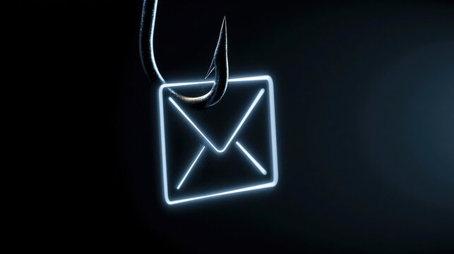 Fishing hook caught on a glowing email icon representing online phishing scams.