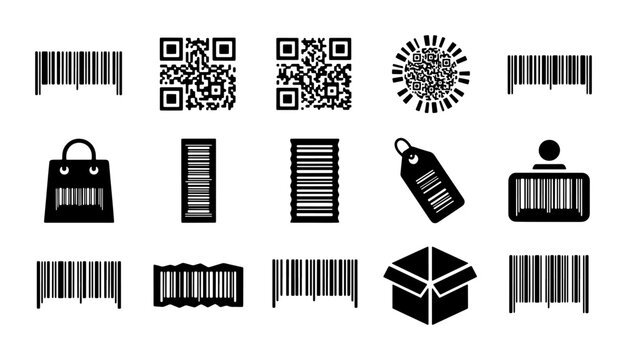 Barcode and QR Code Icons Set, Retail Scanning Symbols, Product Identification Graphics, Digital Data Matrix for Commerce and Technology