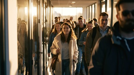 Naklejka premium Cheerful office workers walking together down a sunlit hallway at the end of the workday.