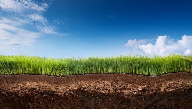Cross Section Brown Soil And Green Grass In Underground With Blue Sky In Background