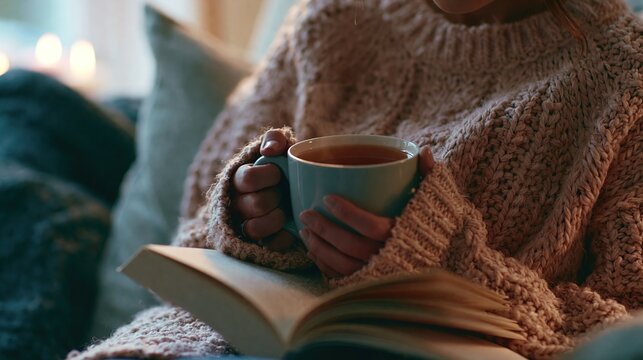 A relaxed employee taking a sanctioned mental break with tea and a good book.