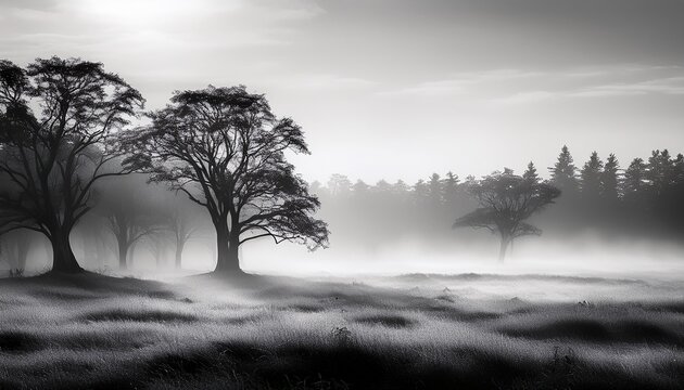 Foggy Trees And Meadow In Monochrome