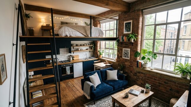 A cozy, modern loft with wooden walls and brick accents.