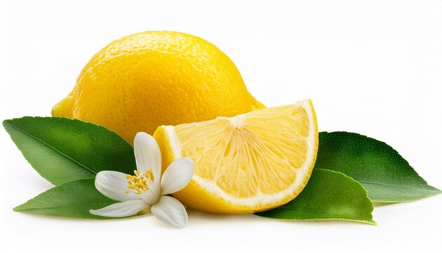 Fresh Lemon Fruit With Wedge Slice Leaves And Blossom Isolated On Transparent Background