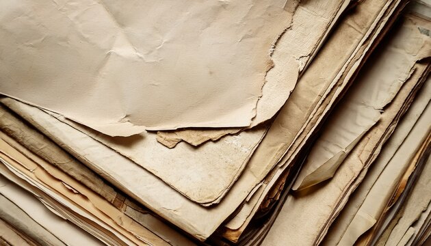 Wallpaper Background Of Overlapping Vintage Old Aged Paper Sheets With Beige Texture And Worn Edges