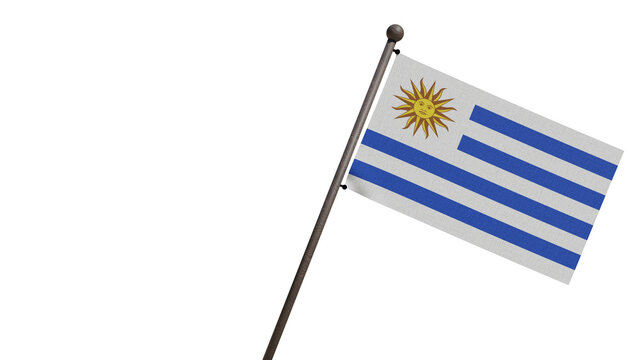 A realistic 3D render of the Uruguay national flag waving on a wooden flagpole, isolated against transparent background with copy space