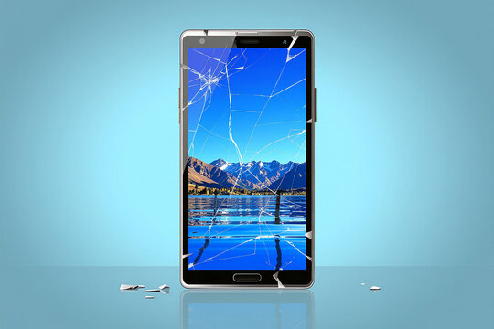 A cracked smartphone screen displays a scenic mountain and lake view.