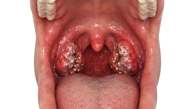 Enlarged tonsils with white pus, close-up view