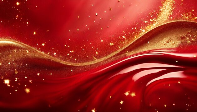 Red Liquid With Tints Of Golden Glitters Red Background With A Scattering Of Gold Sparkles Magic
