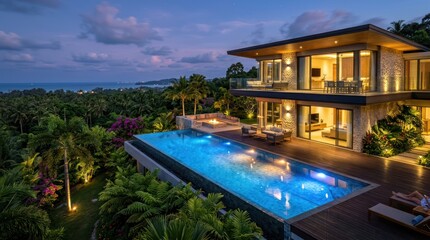 Fototapeta premium A luxurious rooftop pool at dusk, surrounded by lush tropical vegetation,