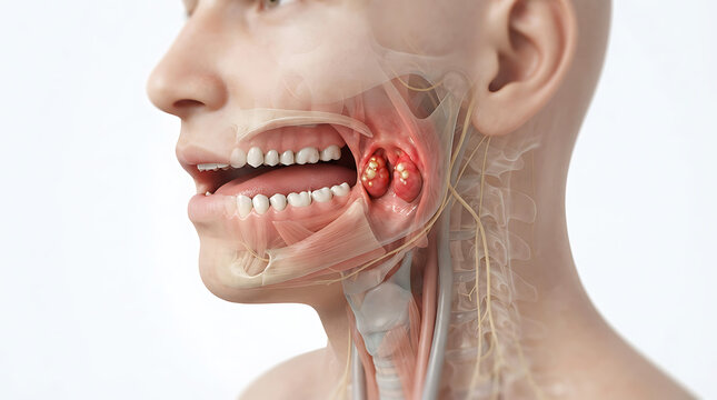 Human neck anatomy with infected tonsils, close-up