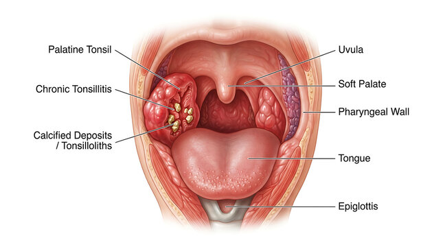 Human throat with chronic tonsillitis and tonsilloliths