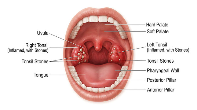 Inflamed tonsils with visible tonsil stones in oral cavity
